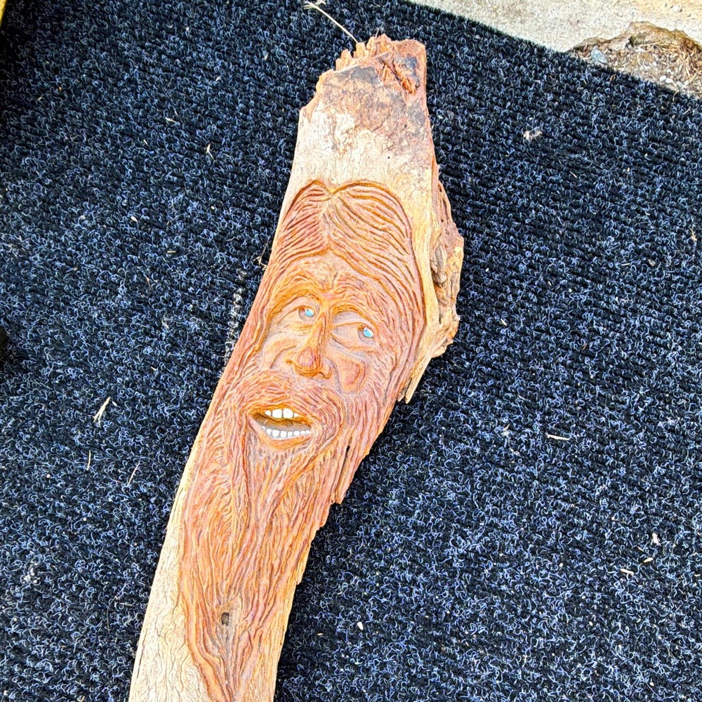 Handmade Hand-Carved Wood Walking Stick Cane Bearded Face Brown Folk Art